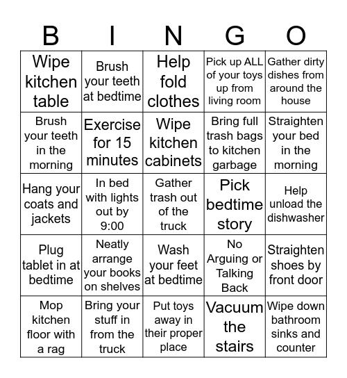 Tenacia's Big Girl Chore Bingo Card