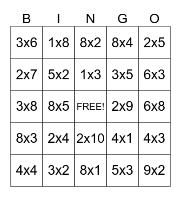 Multiplication Facts Bingo Card