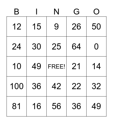 Multiplication Facts Bingo Card