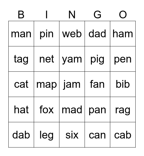 Short Vowel Bingo Card