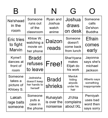 4th Period Bingo Card