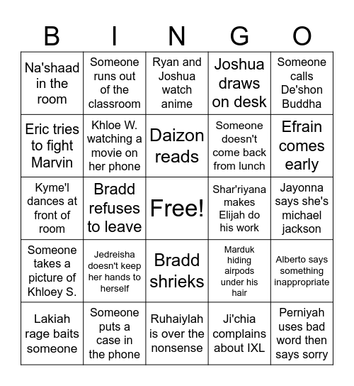 4th Period Bingo Card