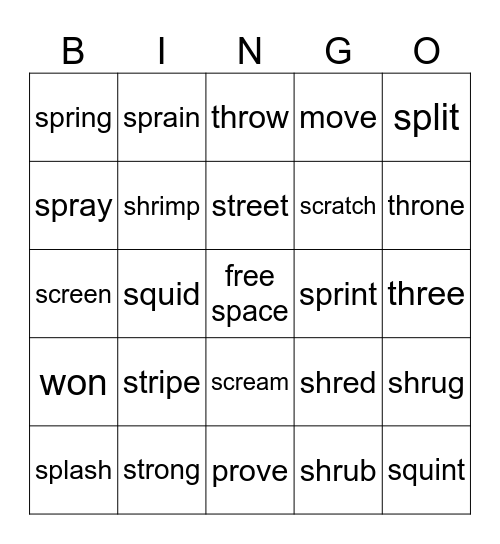 Three Letter Blend Bingo Card