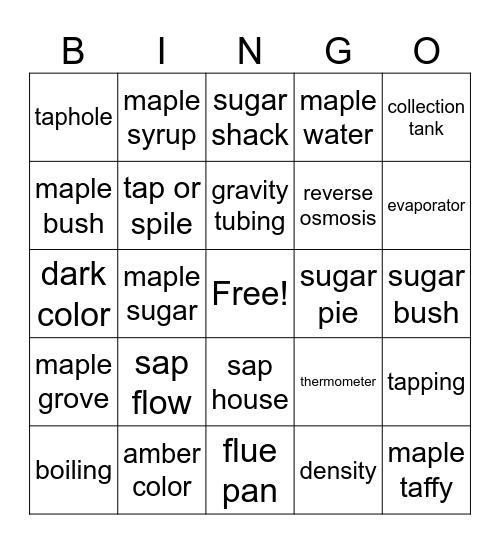 Maple Syrup Vocabulary Bingo Card