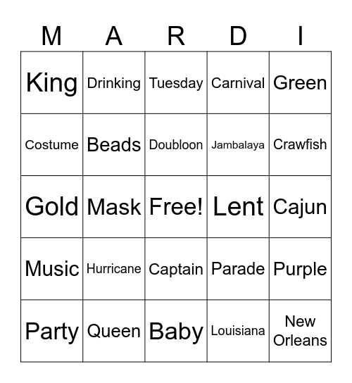 Mardi Gras Bingo Card
