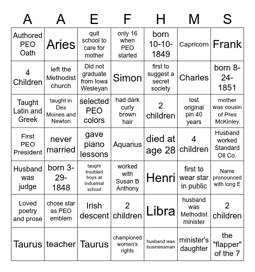 Founders Day Bingo Card