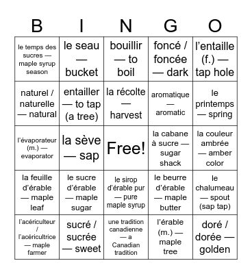 Le sirop d'érable- Maple Syrup Bingo Card
