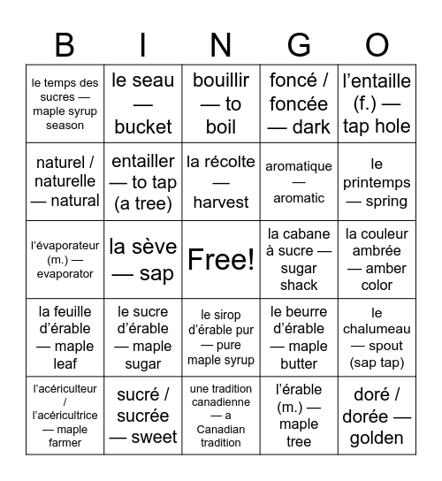 Le sirop d'érable- Maple Syrup Bingo Card