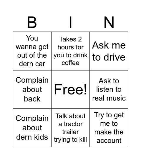 Roadtrip Bingo Card