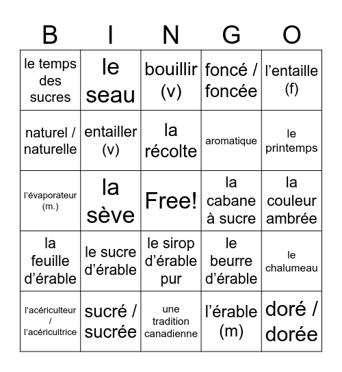 Le sirop d'érable Bingo Card