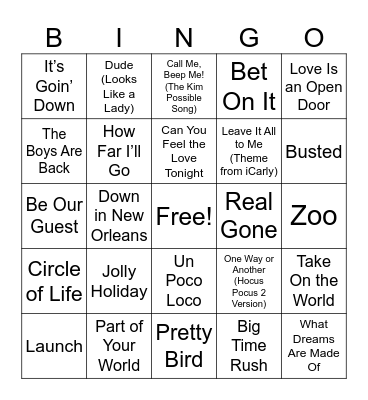 Disney Music Bingo Round #1 Bingo Card