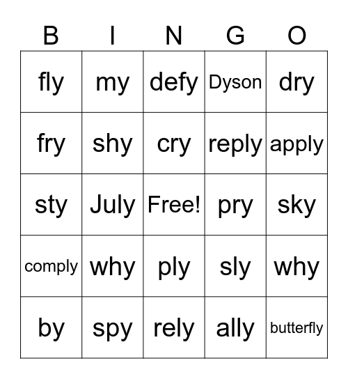 Y as a Vowel (long i sound) Bingo Card