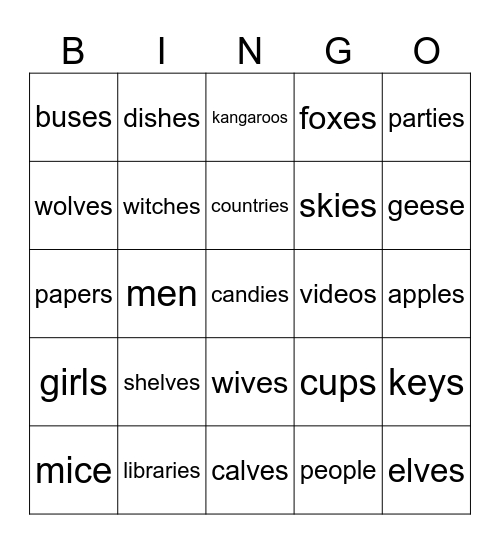 Plural Nouns Bingo Card