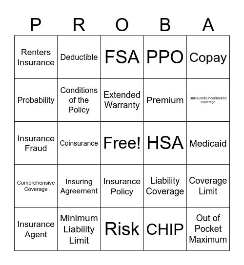 Probability and Insurance Bingo Card