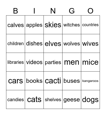 Plural Nouns Bingo Card