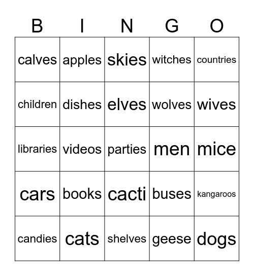 Plural Nouns Bingo Card