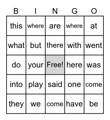 S2 Kindergarten Sight Words Bingo Card