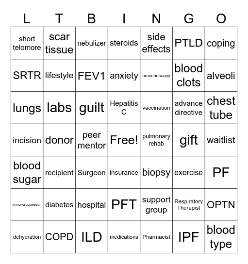 Lung Transplant Bingo Card