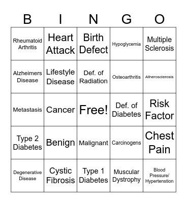 Non-Infectious Diseases Bingo Card