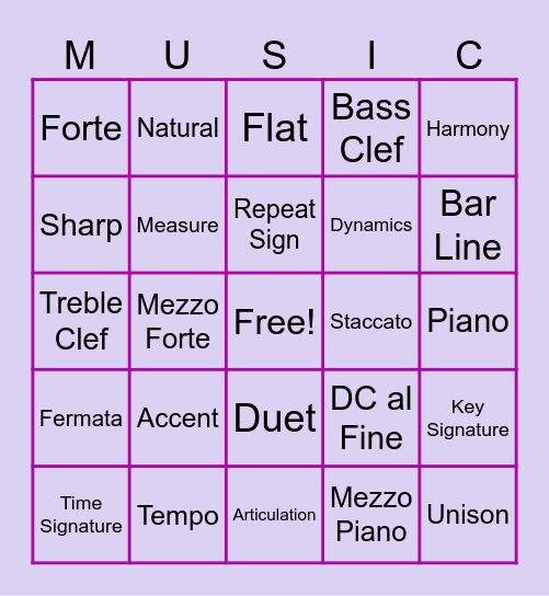 MS Music Vocab Bingo Card