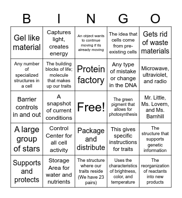 Cell Structure and Functions Bingo Card