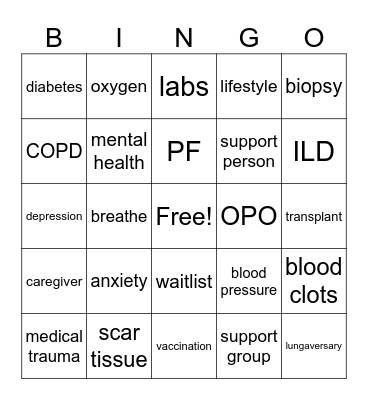 Lung Transplant BINGO Card