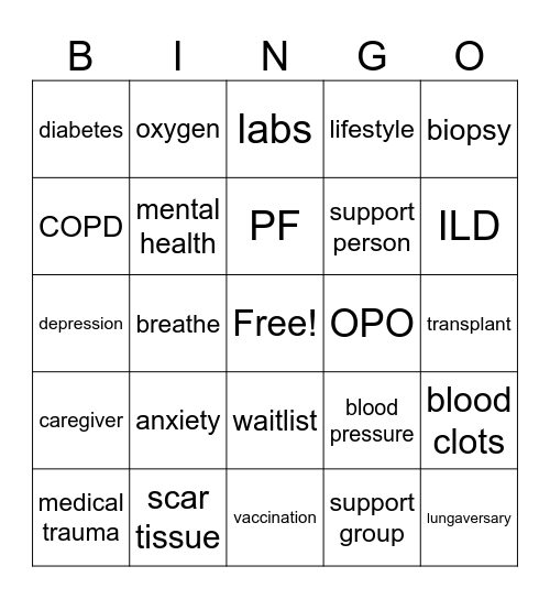 Lung Transplant BINGO Card