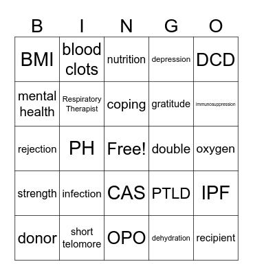 Lung Transplant BINGO Card