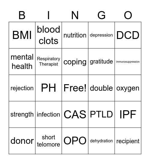 Lung Transplant BINGO Card