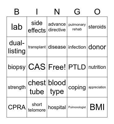 Lung Transplant BINGO Card