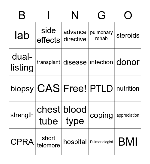 Lung Transplant BINGO Card