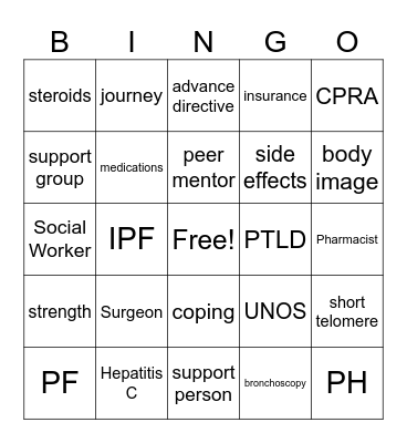 Lung Transplant BINGO Card