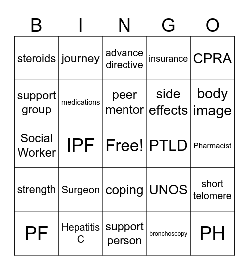 Lung Transplant BINGO Card