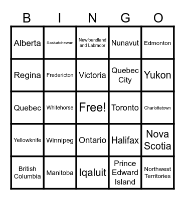 Provinces, Territories, and Capitals of Canada Bingo Card