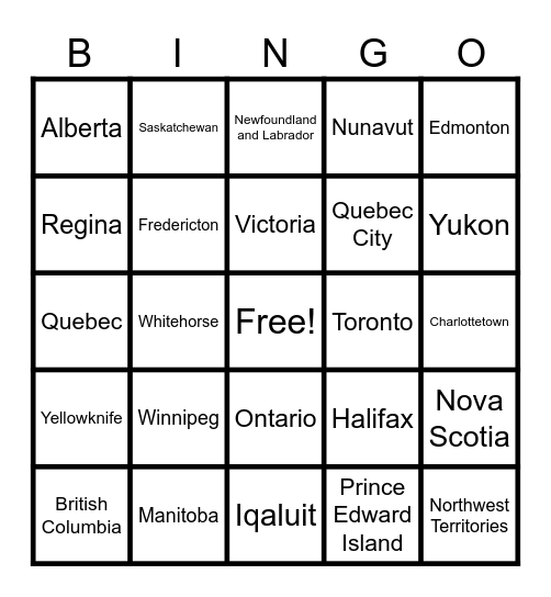 Provinces, Territories, and Capitals of Canada Bingo Card