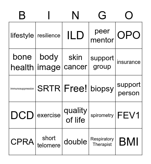 Lung Transplant BINGO Card