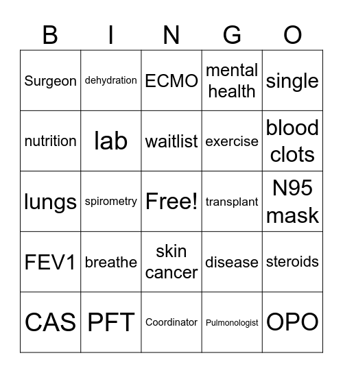 Lung Transplant BINGO Card