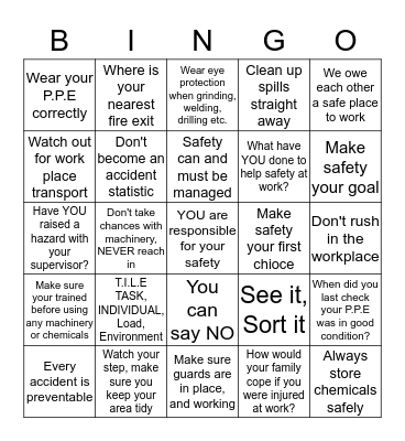 Safety Bingo Card