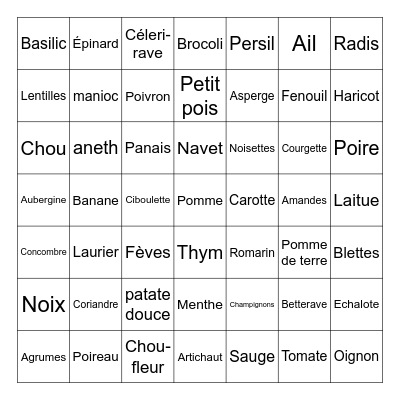 Les légumes/herbes/féculents/fruits/champignons Bingo Card