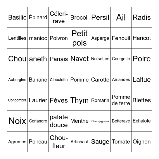 Les légumes/herbes/féculents/fruits/champignons Bingo Card