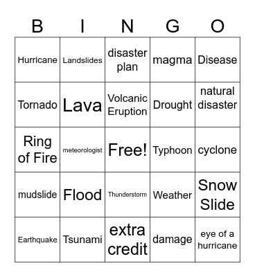 Natural Disaster Bingo Card
