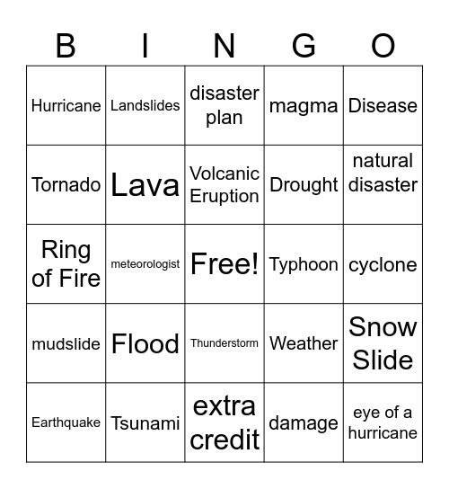 Natural Disaster Bingo Card