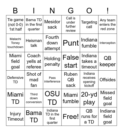 National Championship Bingo Card