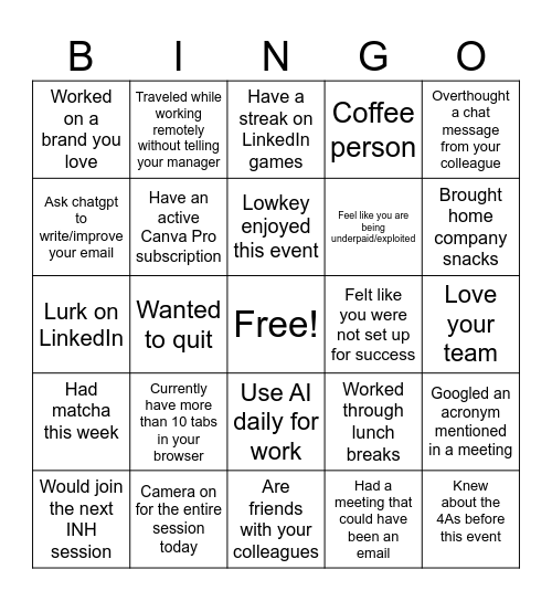 I'm New Here Bingo Card