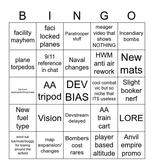 Foxhole Devstream Bingo! Bingo Card
