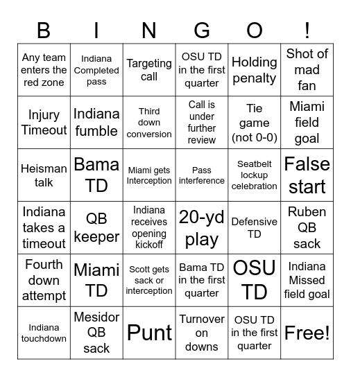 National Championship Bingo Card