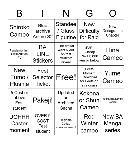 STRATONAS BLUE ARCHIVE 5TH ANNIVERSARY BINGO CARD Bingo Card
