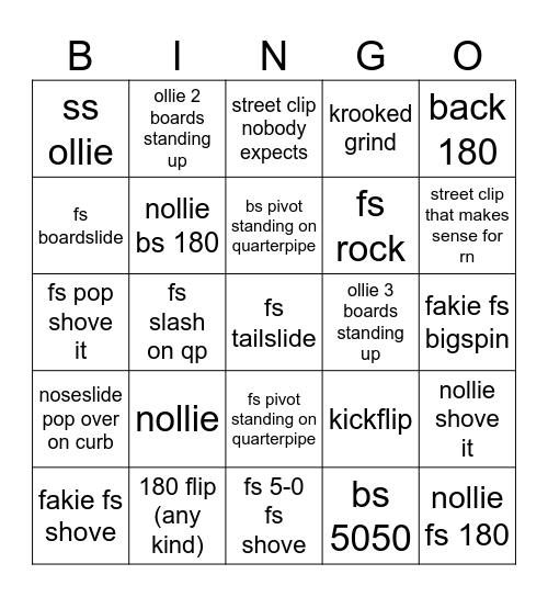 Theodore Skate Bingo Card