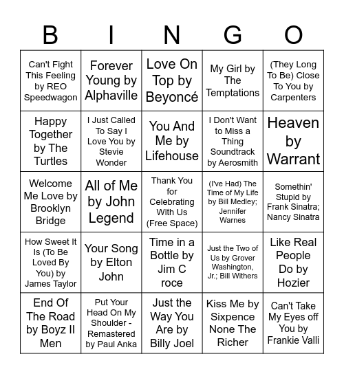 Love Song Bingo Card