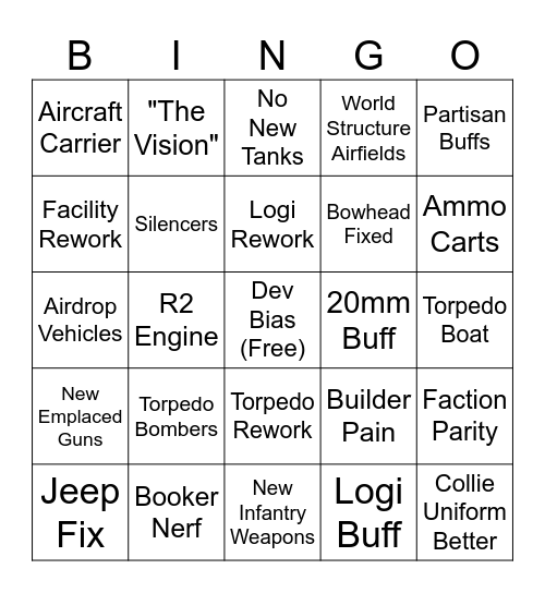 Foxhole Airborne Bingo Card